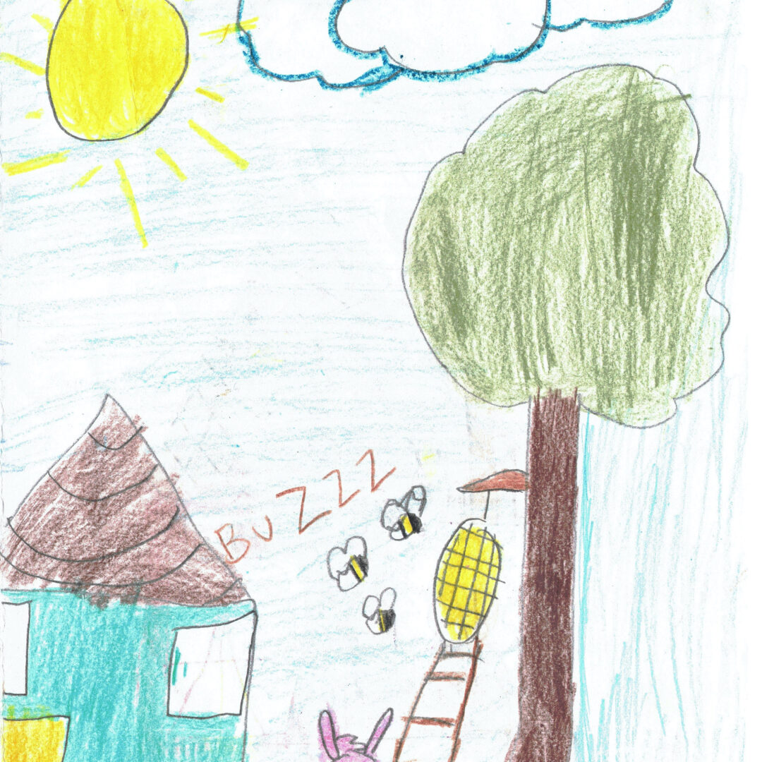 A ladder leaning on a tree with a beehive and buzzing bees