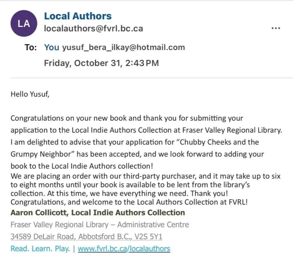 Official acceptance email from Fraser Valley Regional Library confirming Yusuf Bera Ilkay’s children’s book inclusion in the Local Authors Collection.