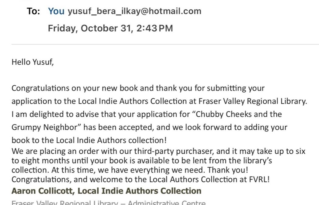 Official acceptance email from Fraser Valley Regional Library confirming Yusuf Bera Ilkay’s children’s book inclusion in the Local Authors Collection.